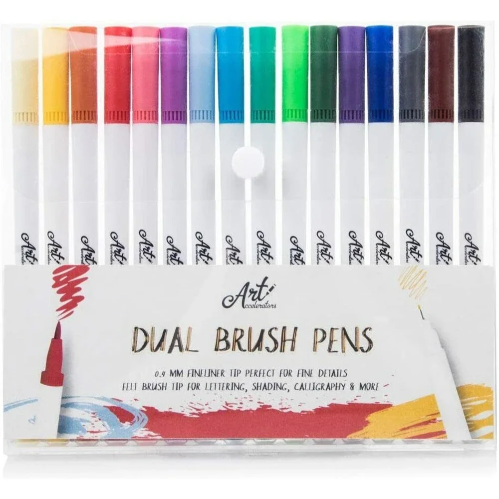 Water Based Art Markers - 16 Colors for Lettering, Coloring, Dual Brush Pens